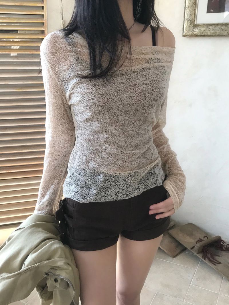 Sandmarine Drape See-through Lace Slim Tee&Sleeveless SET