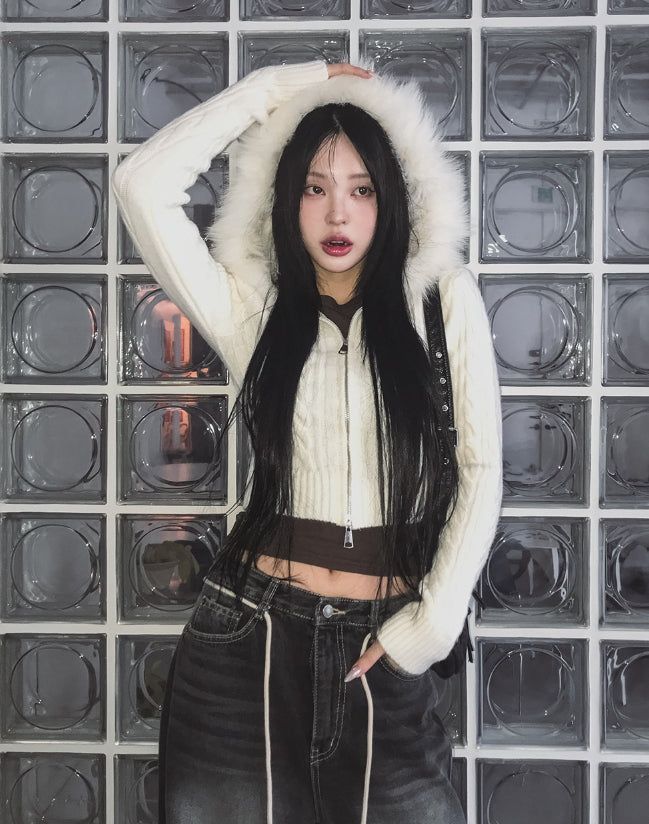 Rinco Cable Knit Fur Hood Zip-Up