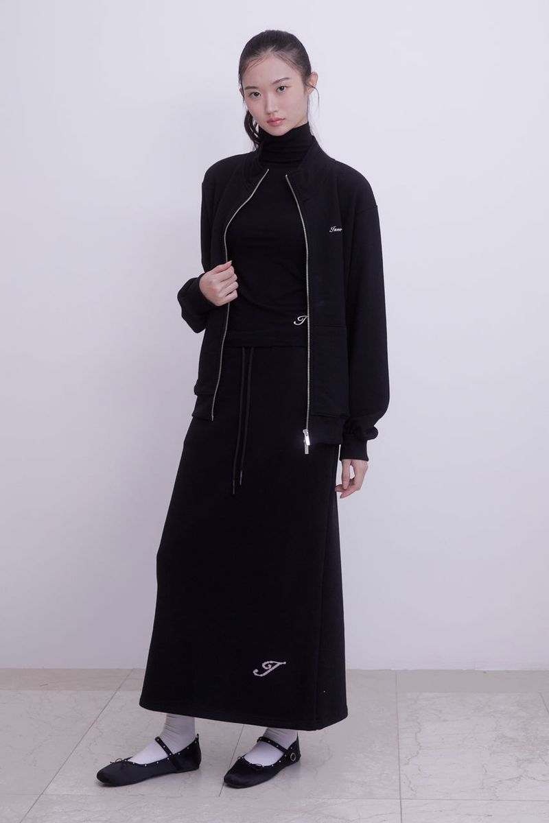 Lettering half neck two-way zip-up (BLACK)