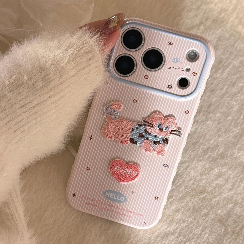 Embroidered Blue Pink Cat Soft iPhone Case