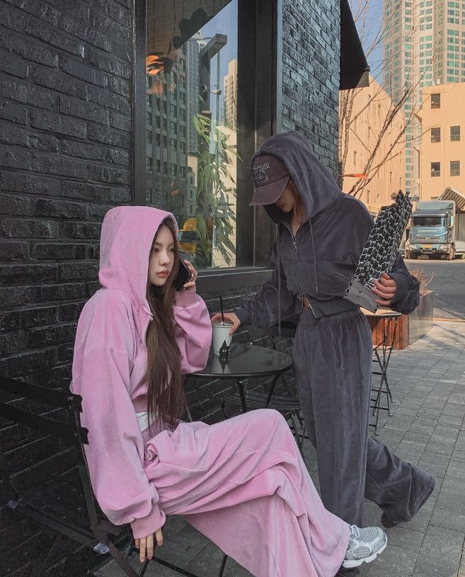 Wrinkle Velour Two Way Crop Hood Zip-Up