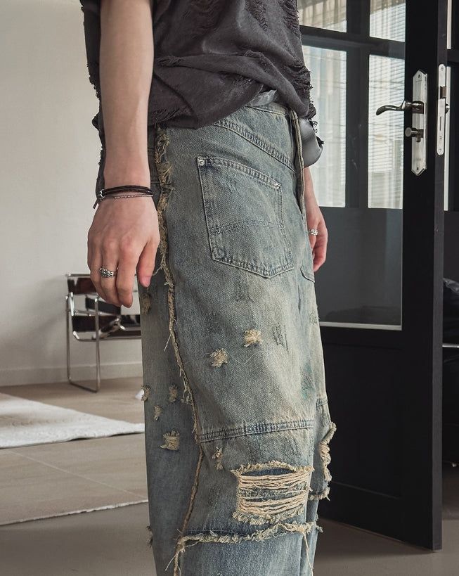 Clay Mud Washed Damaged Wide Denim