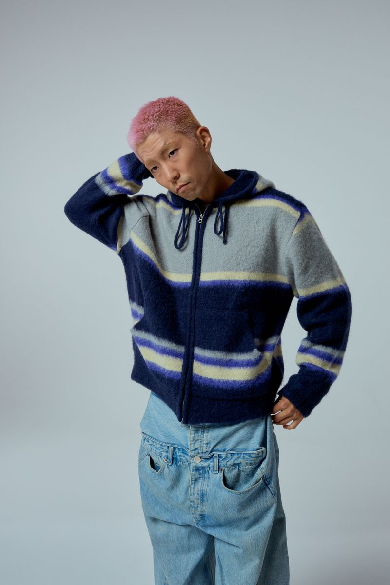 EEERRR Stripe brushed wool knit hoodie zip-up (Navy)