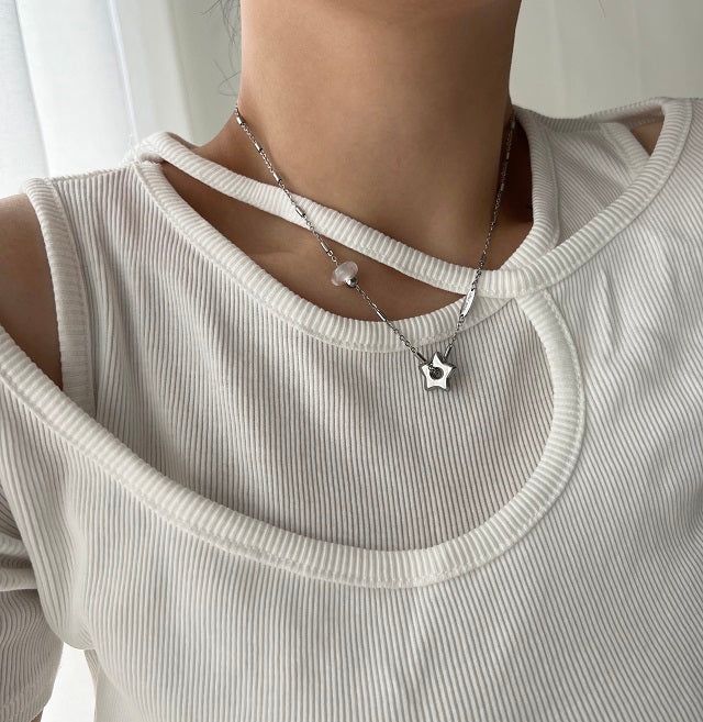 stb hip star y2k stainless steel star white crystal gemstone layered two-way ball necklace