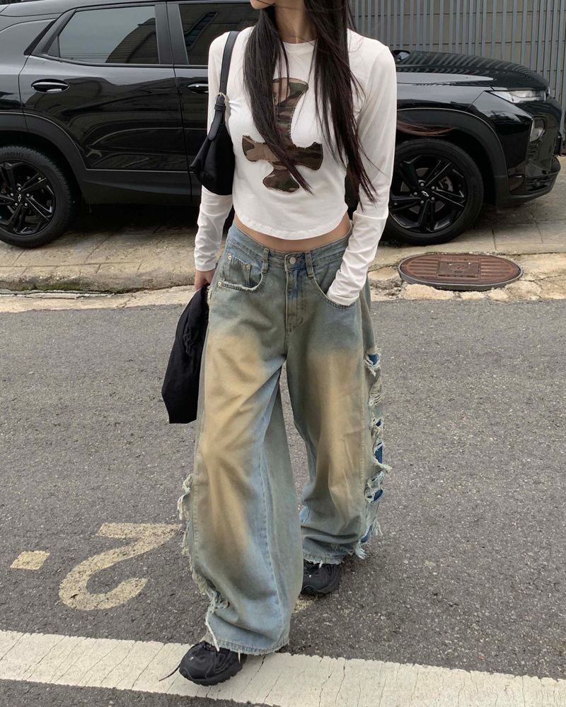 Side vintage denim pants