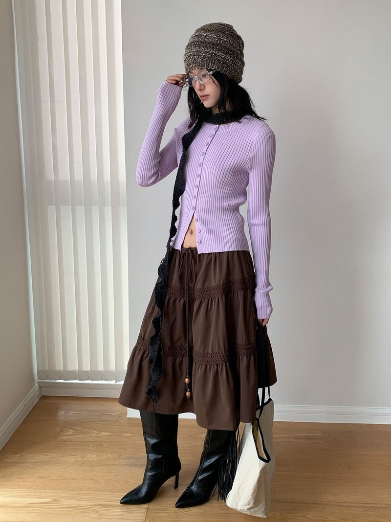 Color Round Neck Ribbed Button Cardigan