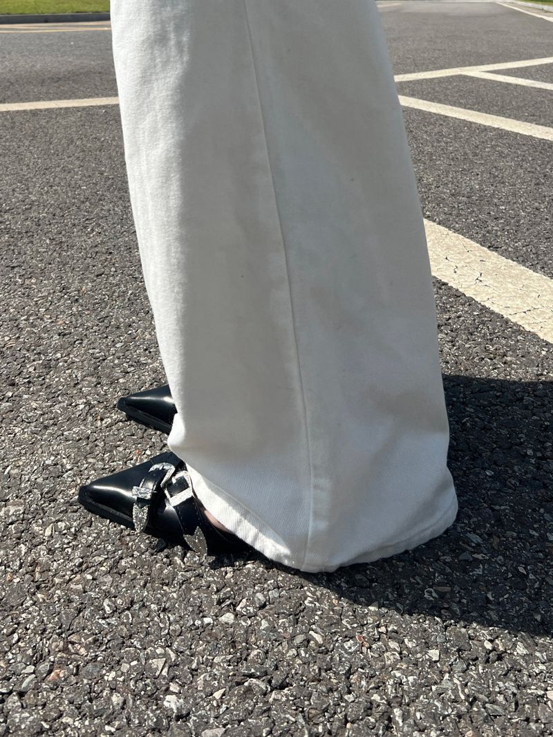 Y2K Back Point X Strap Bijo Wide Loose Fit Denim Long Pants (White)