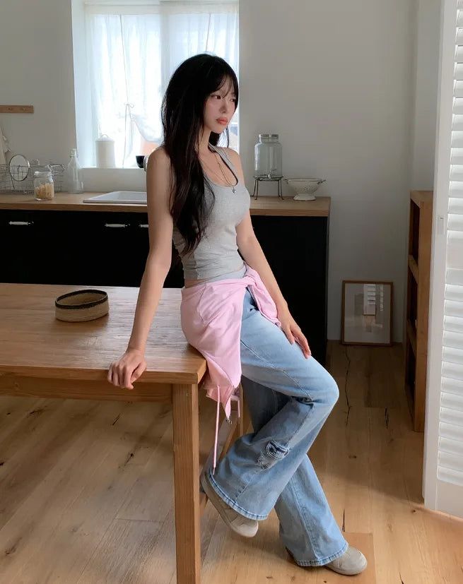Shiff Ribbed Banding Bootcut Denim Pants