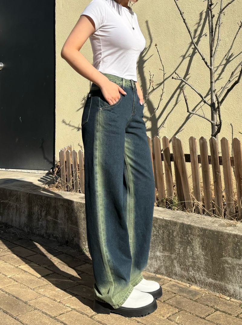 GREENERY COLOR SPRAY DYED WIDE DENIM PANTS code 21017