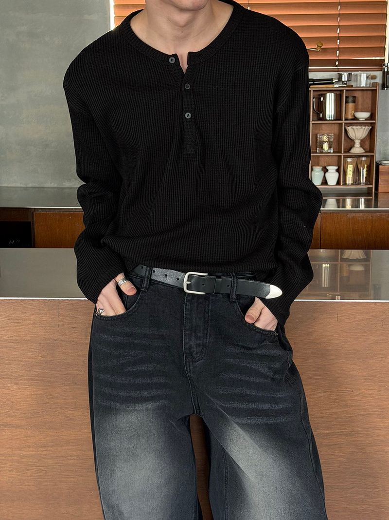 Waffle henry neck loose long sleeves(4color)