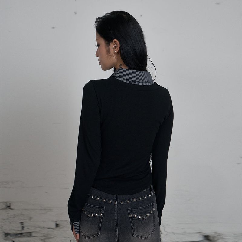 C HOOK OPEN SHIRT LAYERED TOP_BLACK