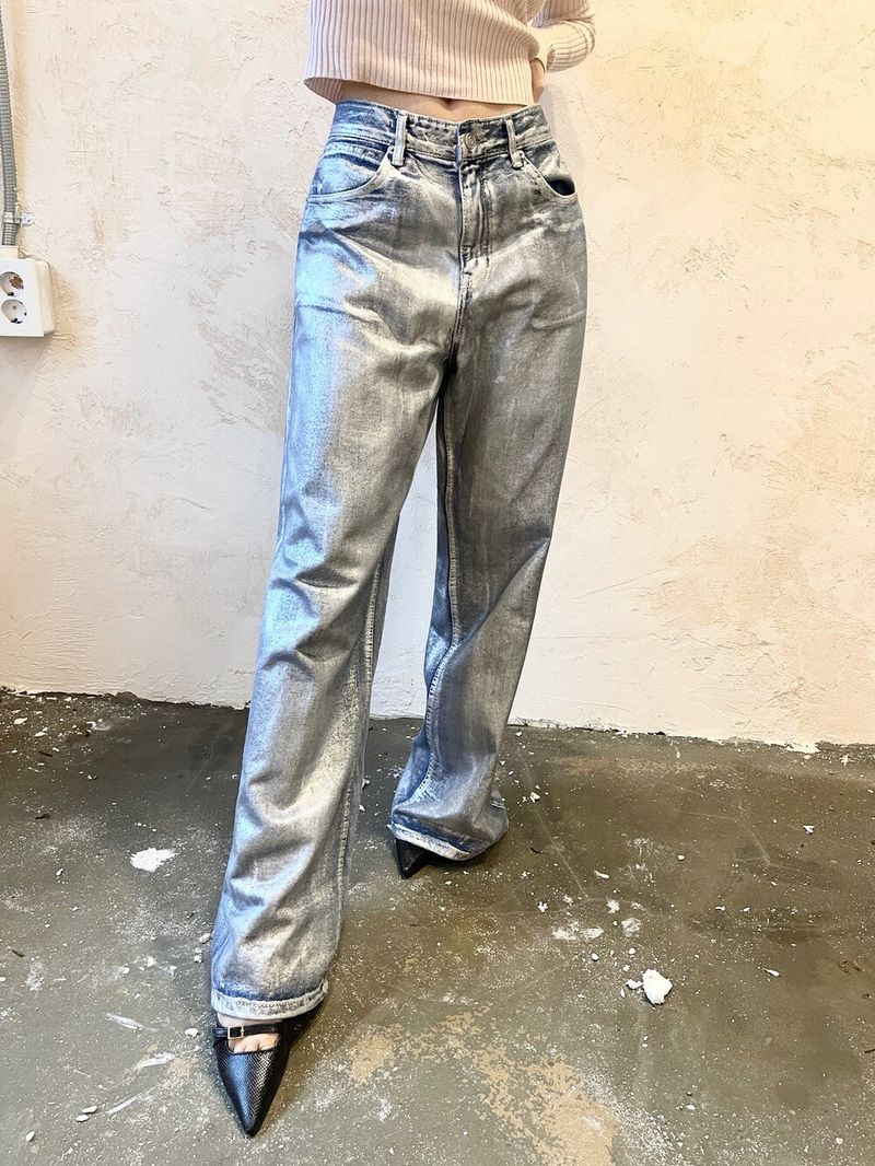  Silver coating denim low wide pt (2color)