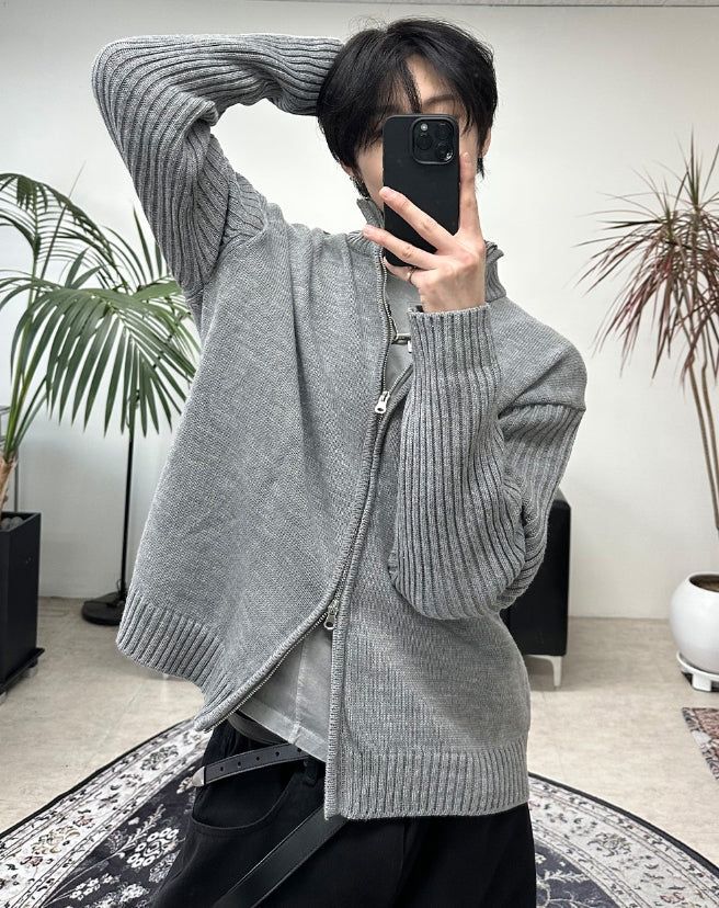 Ray-fun mix diagonal knit zip-up