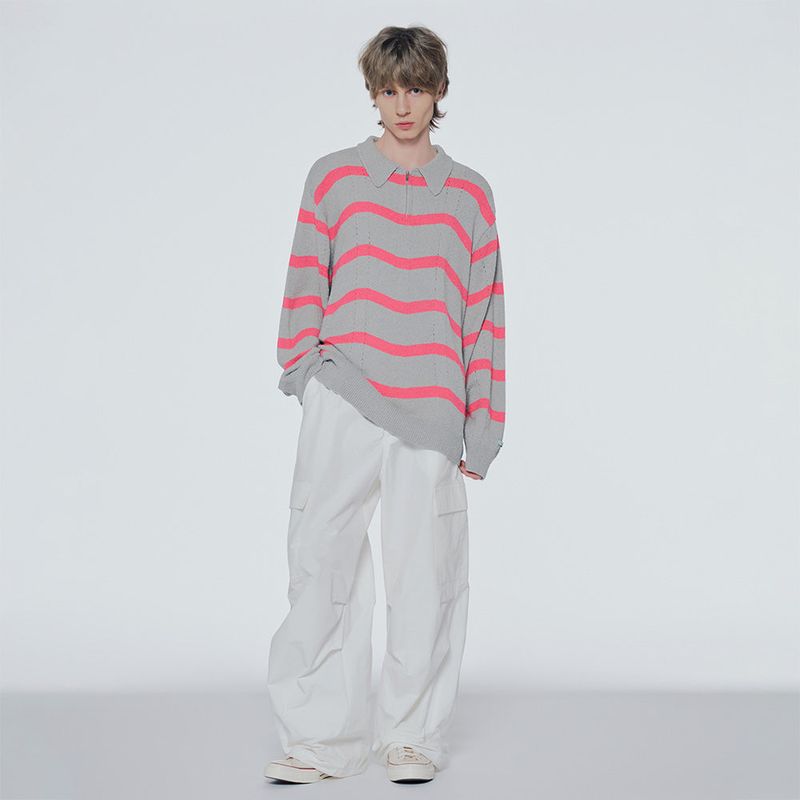 Striped half-zip boucle sweater