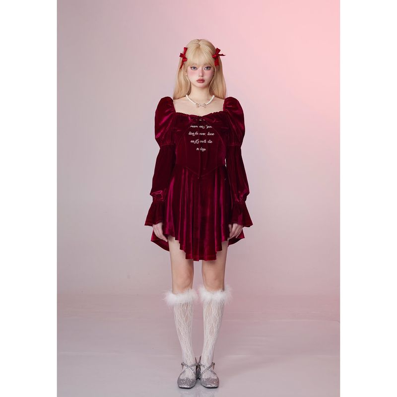 [Girly Fancy Club] レトロレッドベルベットツーピースプリンセスドレス
