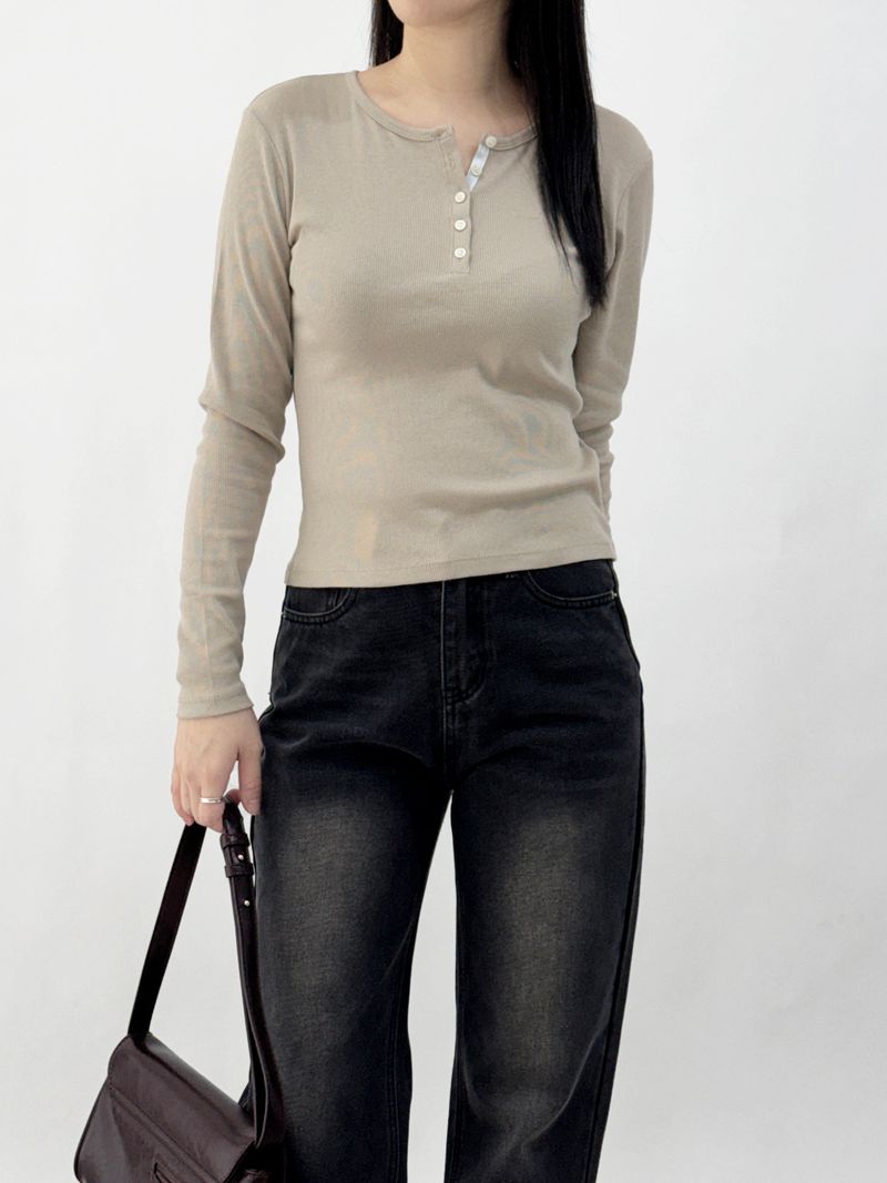 Mik Button Color Block Long Sleeve T-shirt