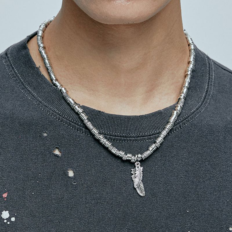 feather & antique silver beads necklace