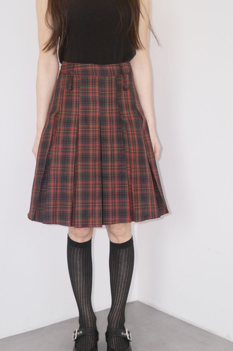 Red Preppy Checkered Midi Pleats Skirt