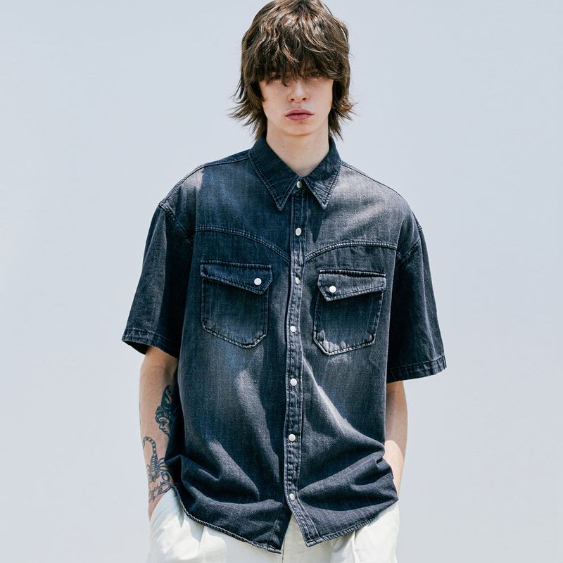 WASHED DENIM WESTERN SHIRT BLACK