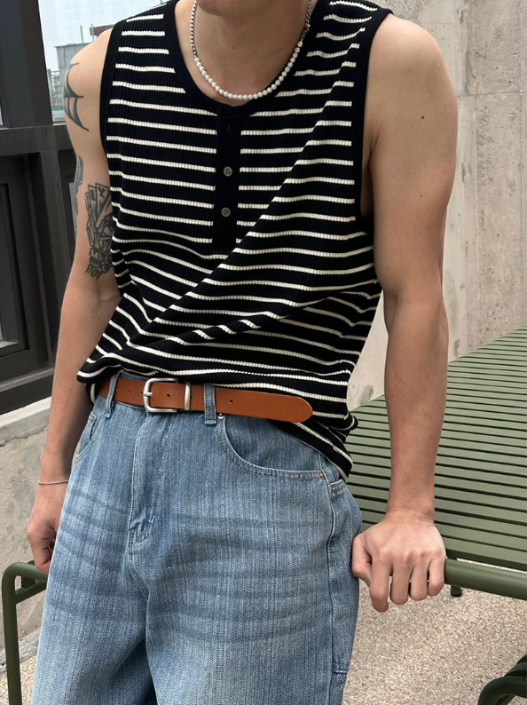 [S/S] Stripe henry neck sleeveless(3color)