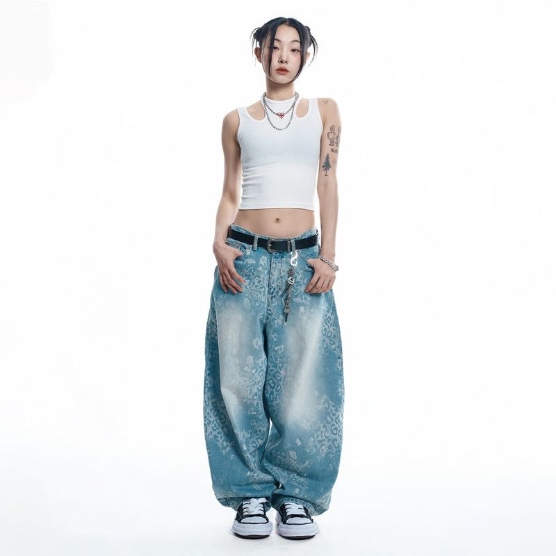Sun Patch Leopard Balloon Denim Pants - LIGHT BLUE