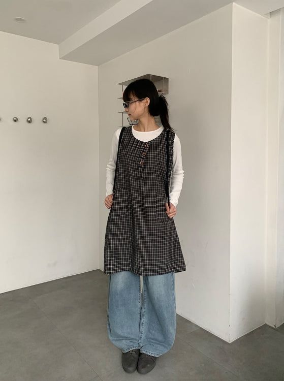 ガンスリン チェック スリーブレス ボタン ワンピース