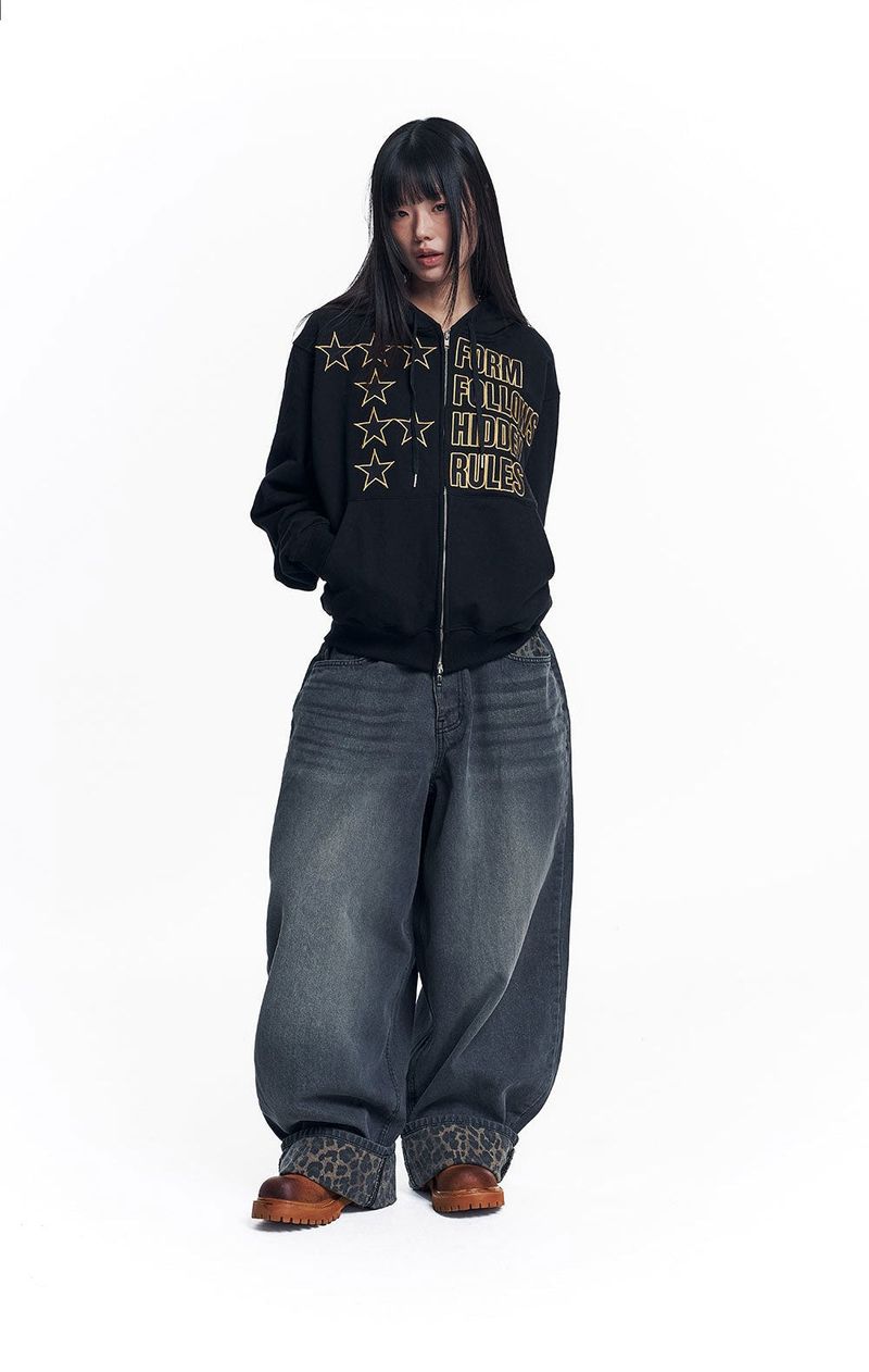 Star Lettering Patch Hoodie Zip-Up - Black