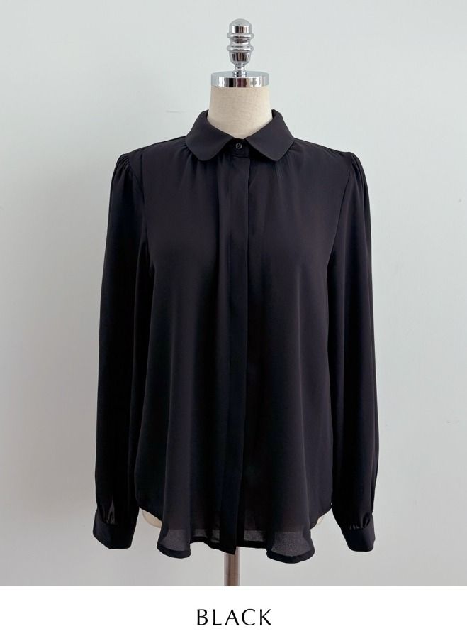 Nero Collar Shirring Hidden Button Puff Blouse