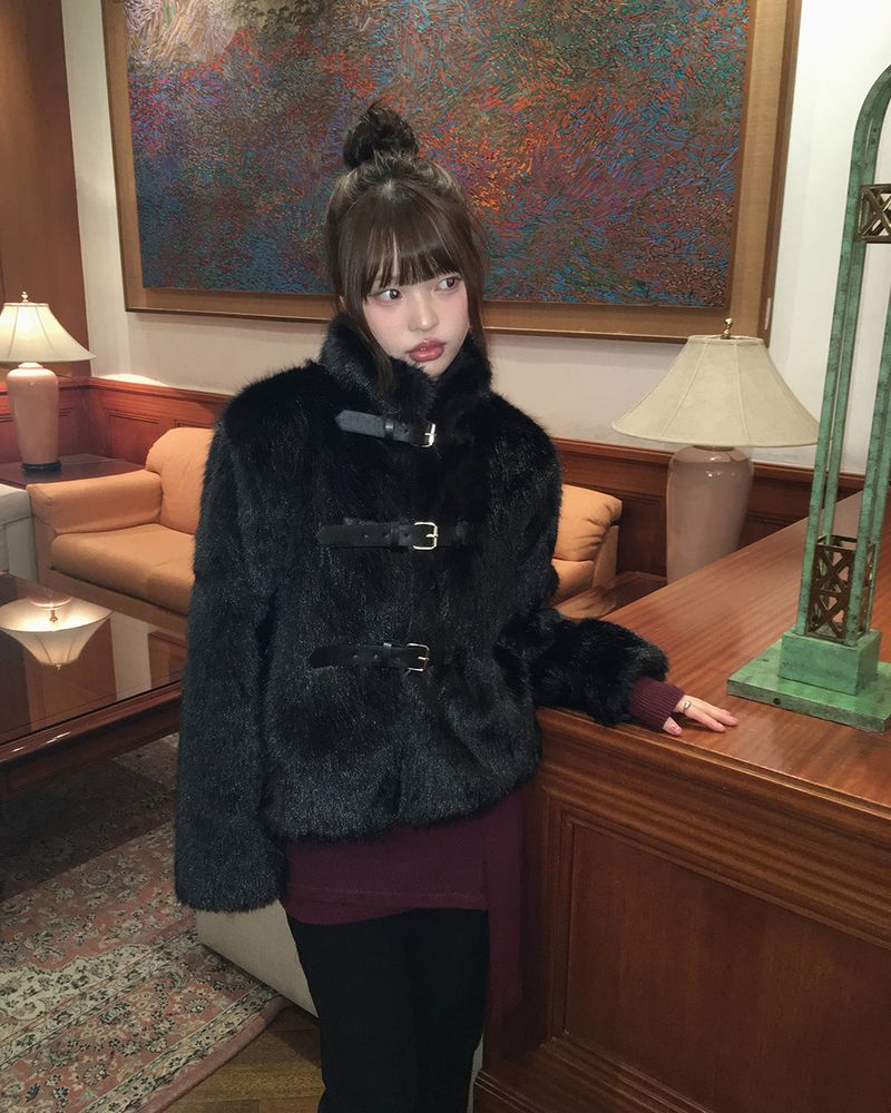 Eri Buckle High-neck Fur Short Jacket