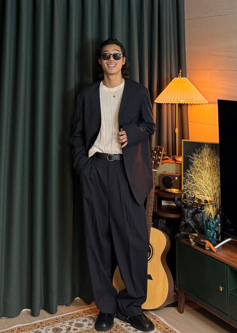 No-Collar Striped V-Zip Slacks 2COLOR