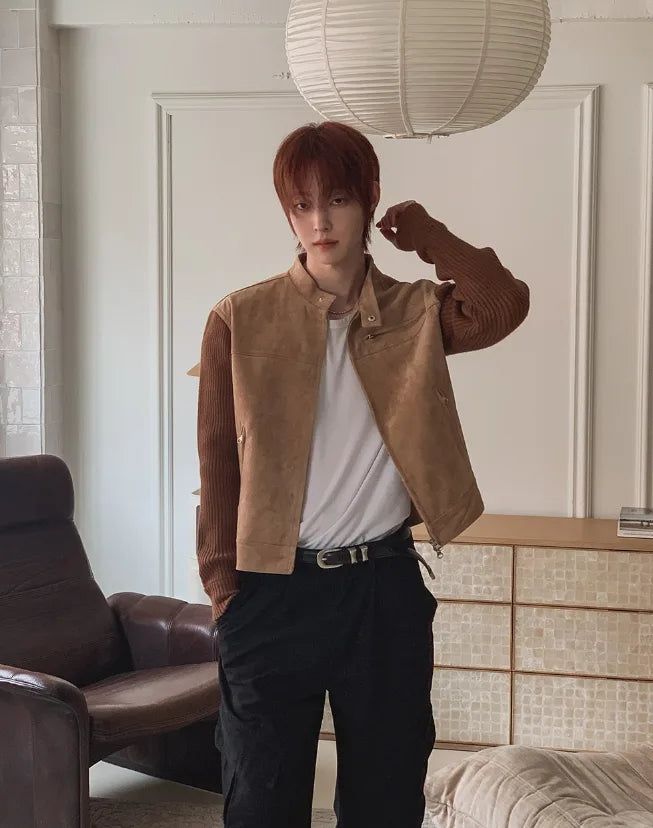 Laden Suede Knit Mix Crop Rider Jacket