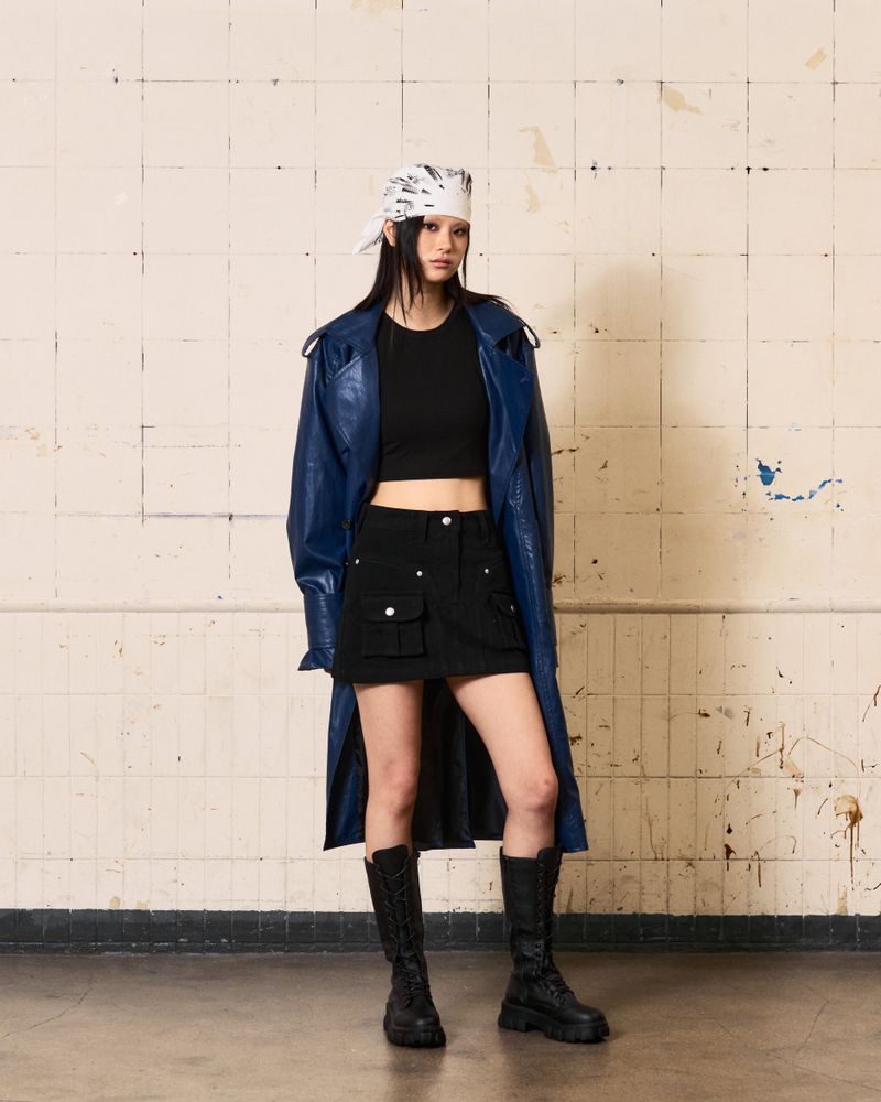 Curved Leather Trench coat (Blue)