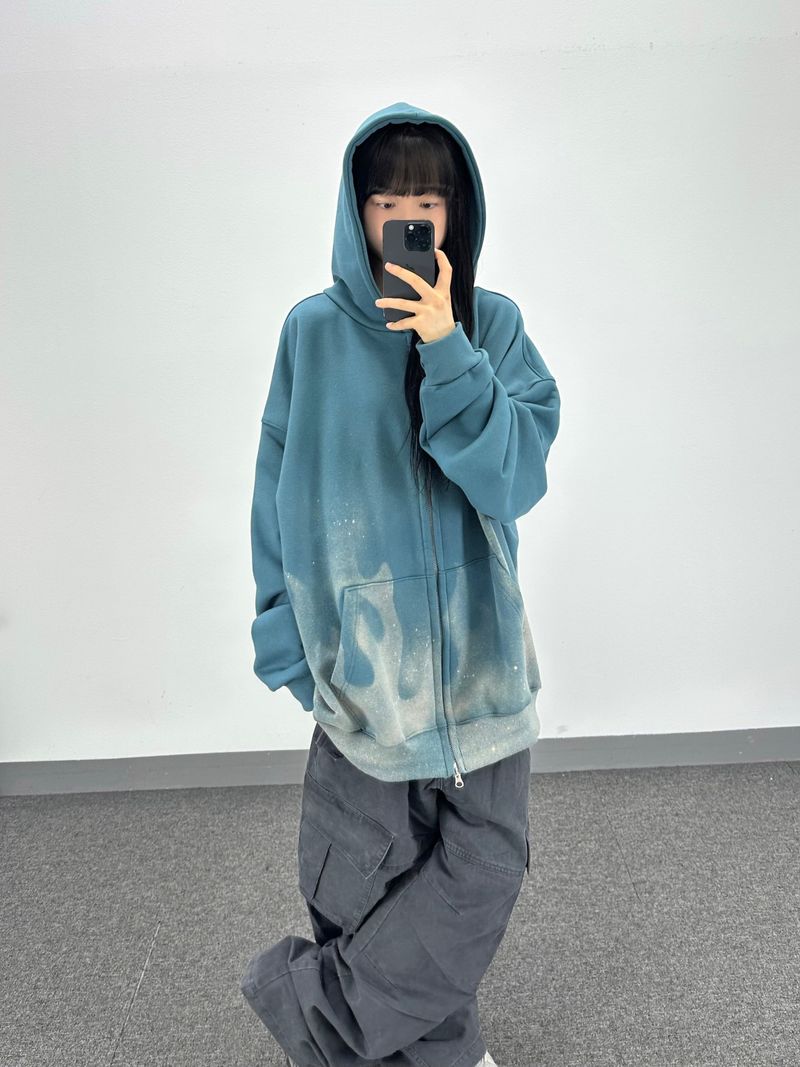 flame washed hooded zip-up