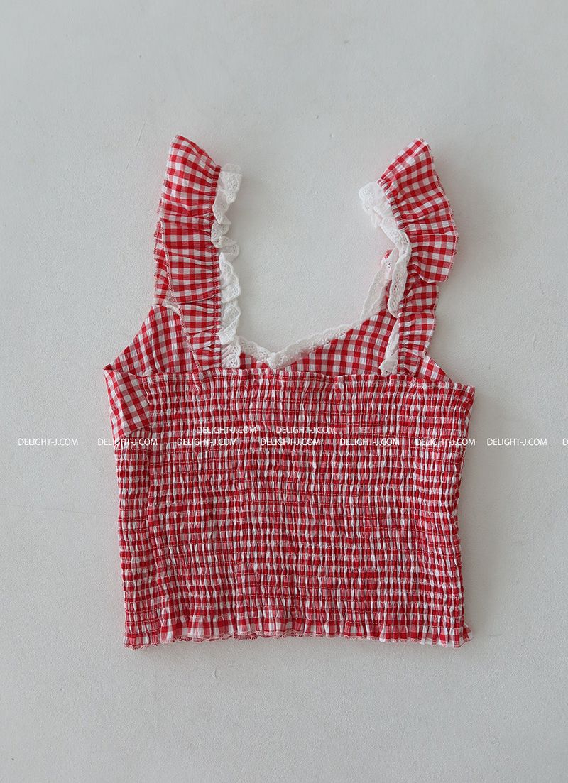 Check lace smoke banding blouse