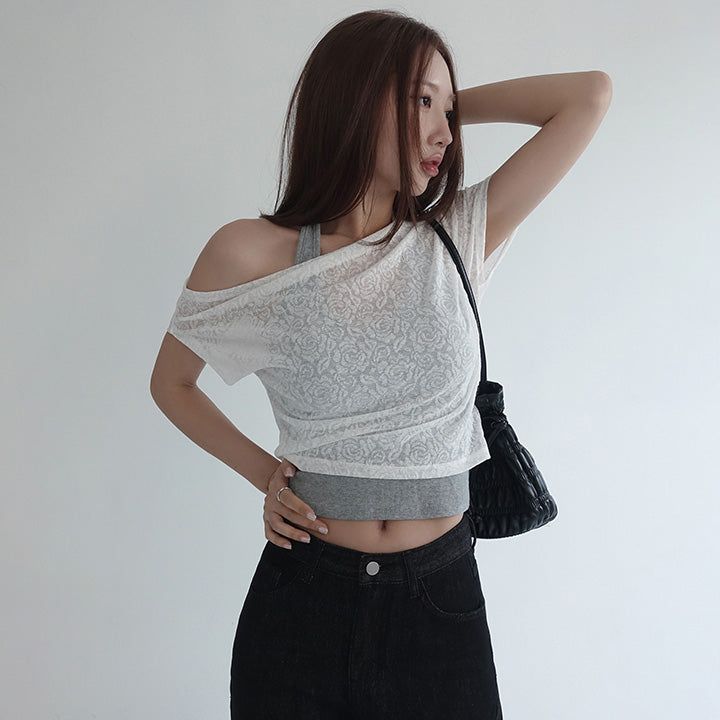 [Jace] Flower Lace See-Through One Shoulder Cropped Short-Sleeved T-Shirt - 3 colors