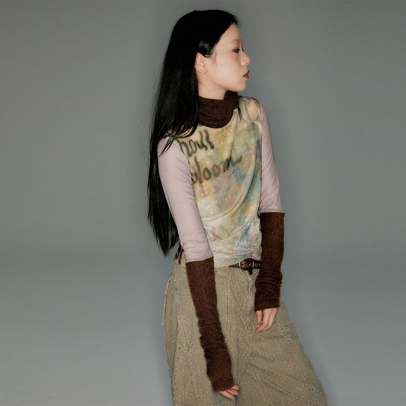 CONFUN（コンファン）の「Retro fountain print coffee color stitching knitted contrast mesh bottom（Tops）」