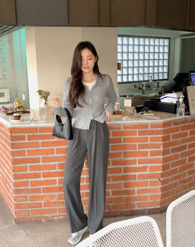 AZ Collar Crop Knit Zip-up (4color)