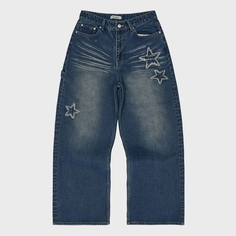 Star Applique Embroidery Denim Pants