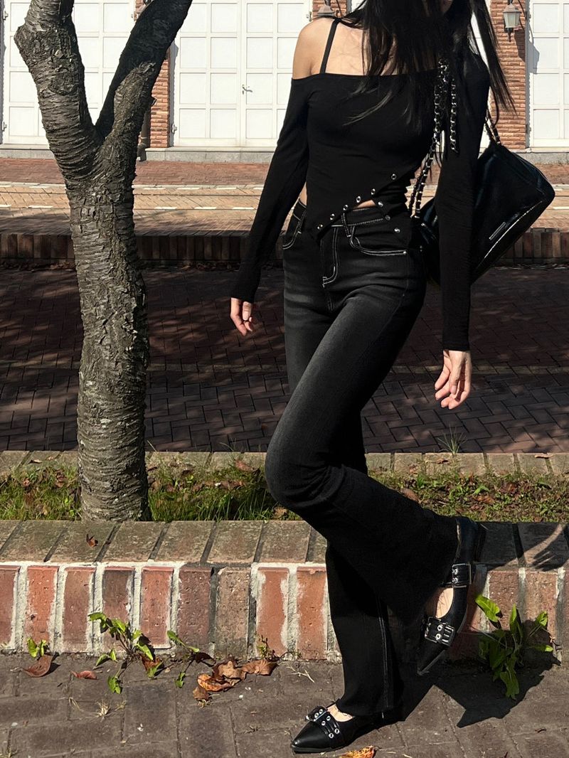 Color combination stitch gradient washed high waist spandex bootcut pants (Black)
