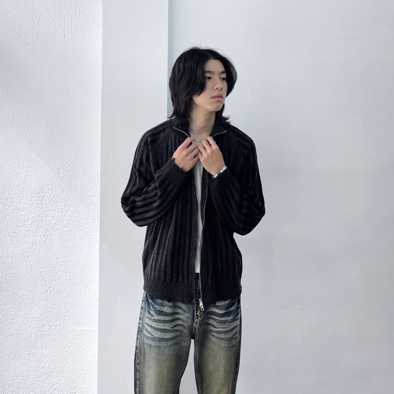 High-Neck Stripe Knit Jacket