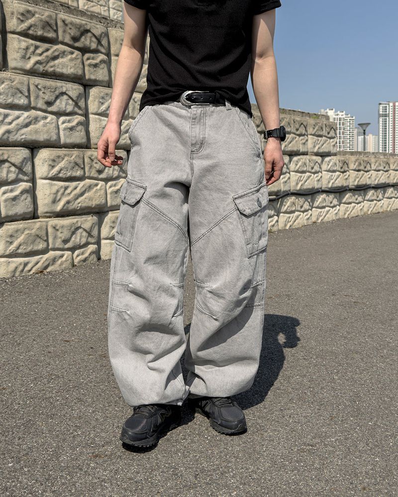 Bion Gray Wash Cargo Denim Pants