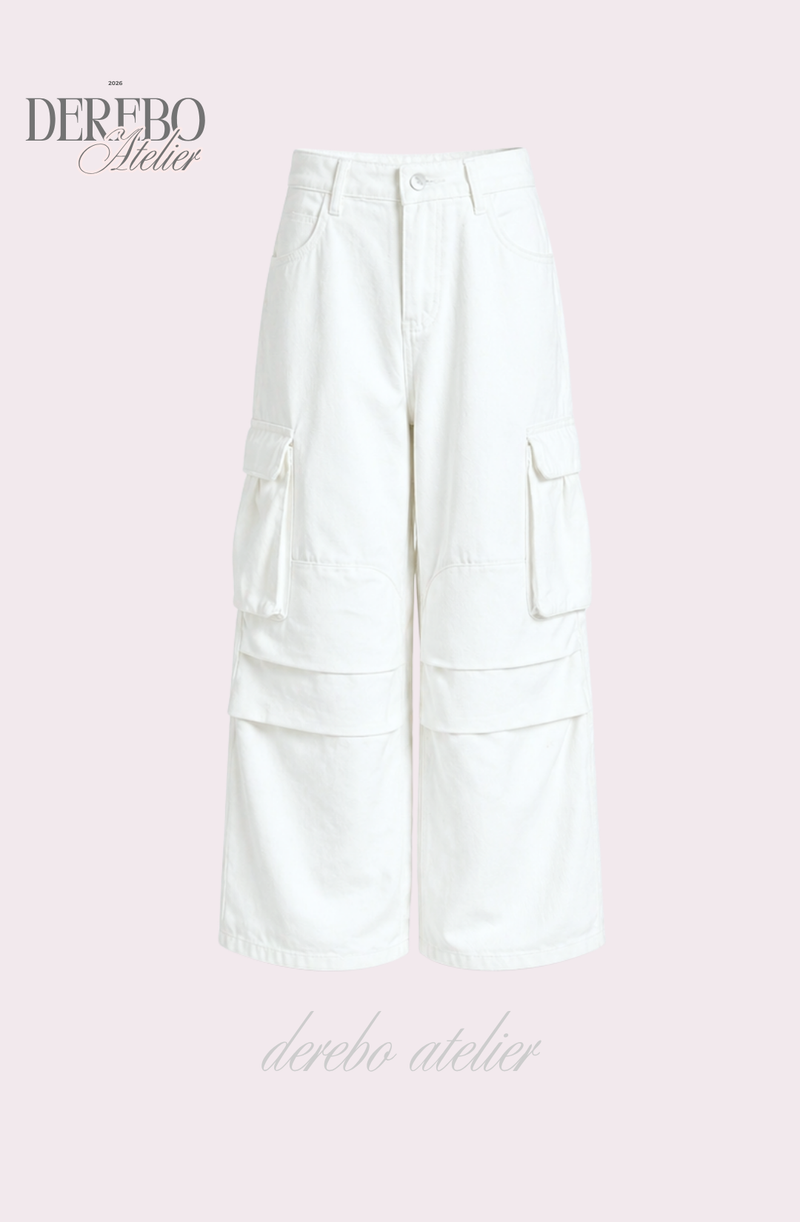 white wide pocket cotton casual pants