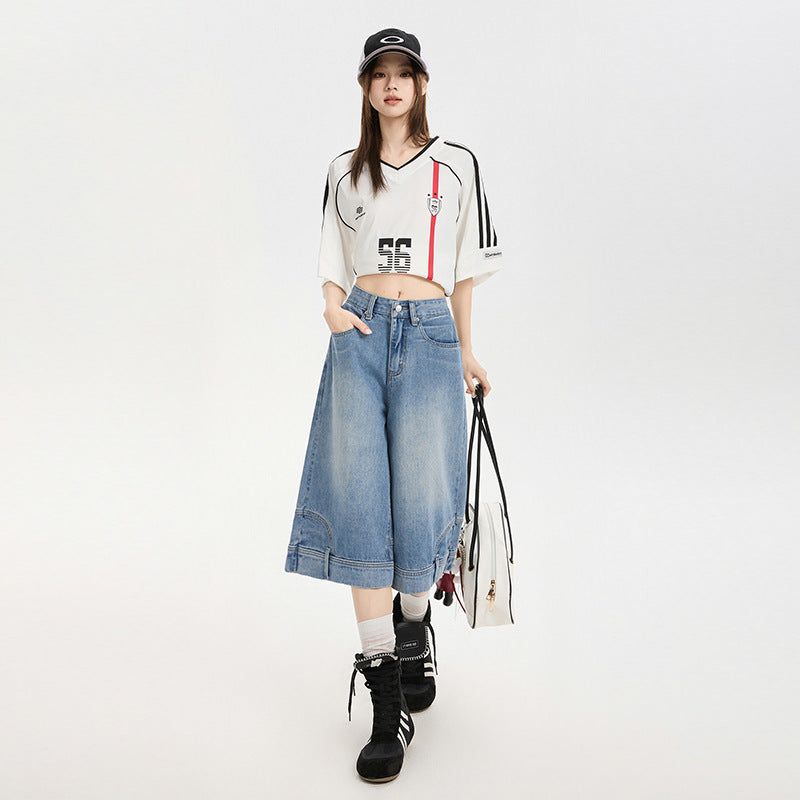 Reversed Detail Wide Denim Bermuda Pants