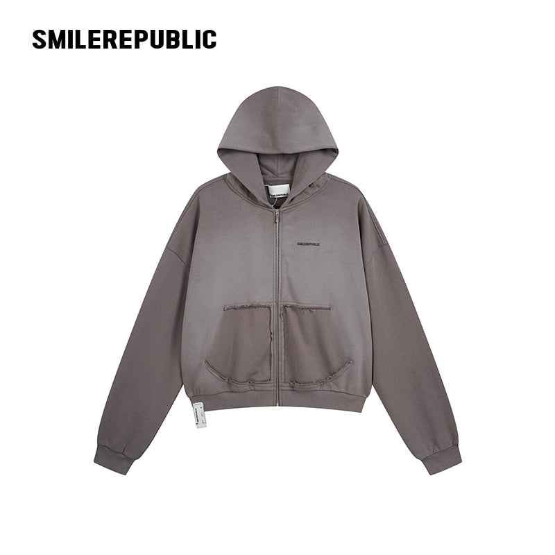 SMILEREPUBLIC（スマイルリパブリック）の「Gray Washed Cotton Distressed Full Zip Hoodie with Tonal Logo and Raw Edge Pockets（Tops）」