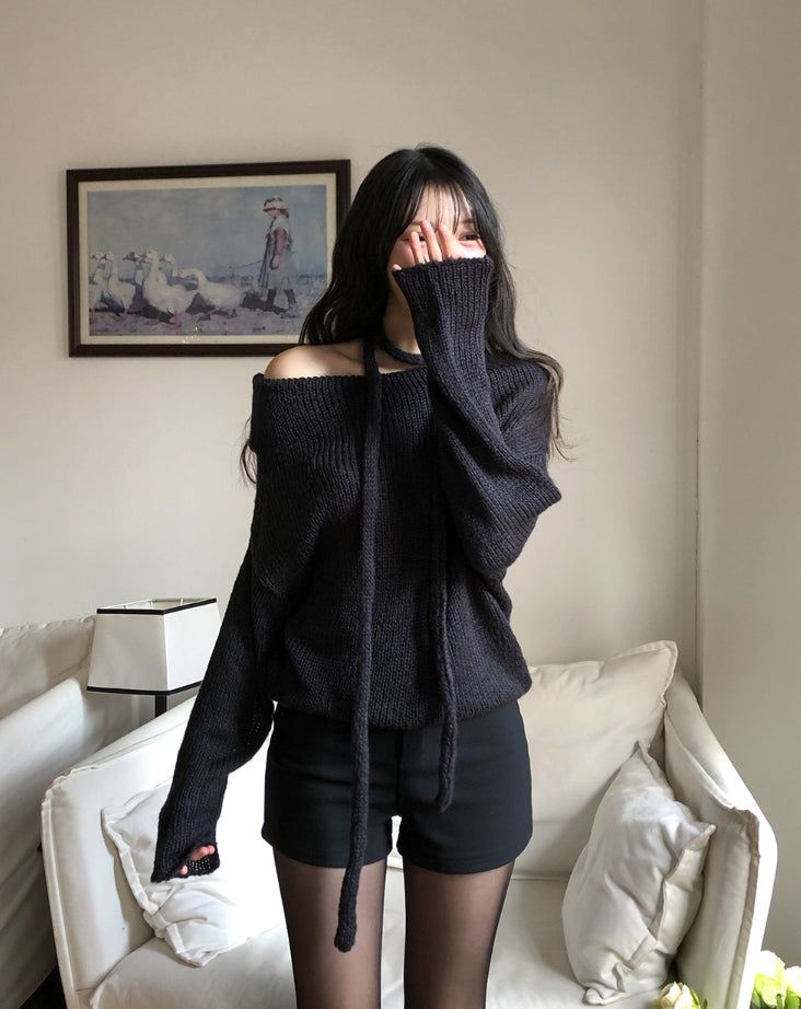 Vine Strap Off-Shoulder Two-Way Knit Scarf Set