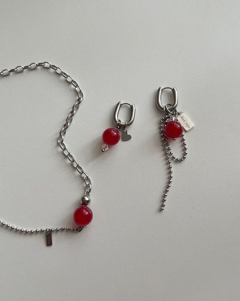 Ret Red Jade Stone Christmas Gift Recommendation Stainless Steel Bold Ball Layered Choker Short Beads Necklace