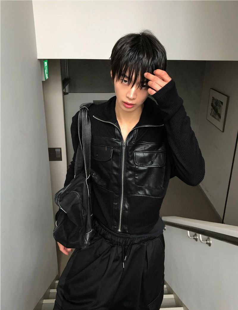 Black Leather Knit Zip-Up