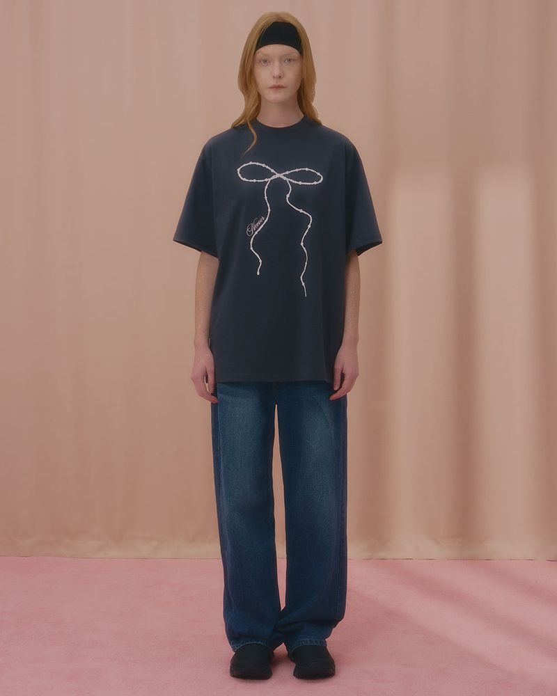 WAVE PEARL RIBBON TSHIRT-CHARCOAL