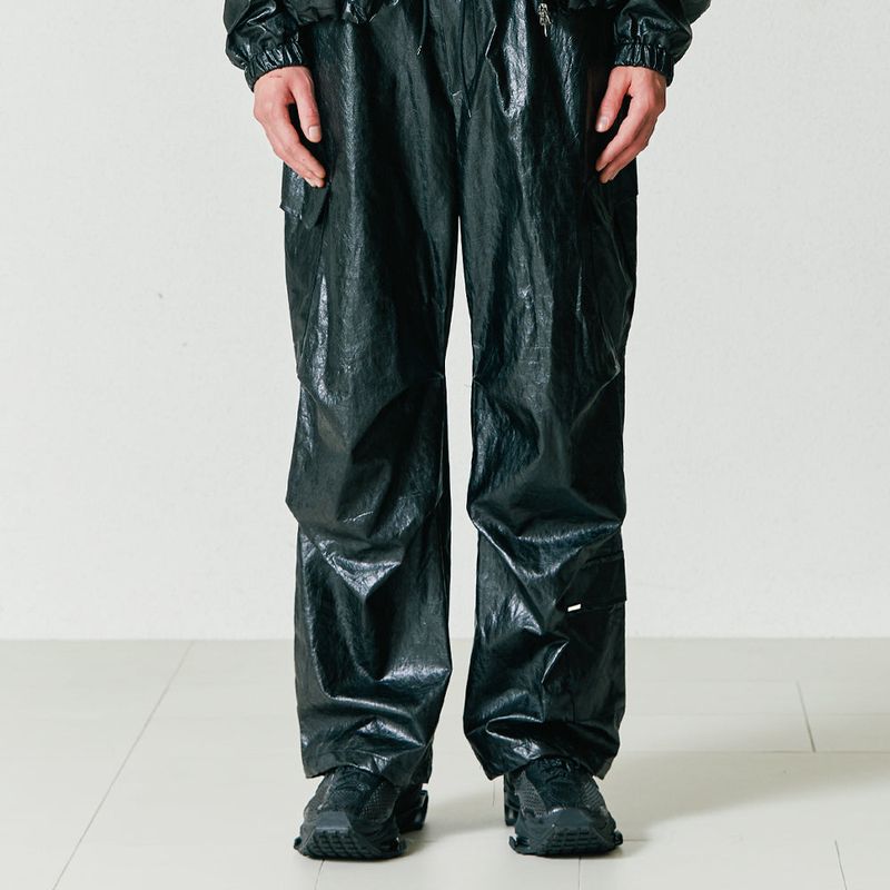 VCL CRACK LEATHER PARACHUTE PANTS BLACK
