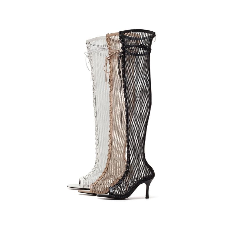 Mesh Lace-Up Open Toe Boots Heel(Beige)